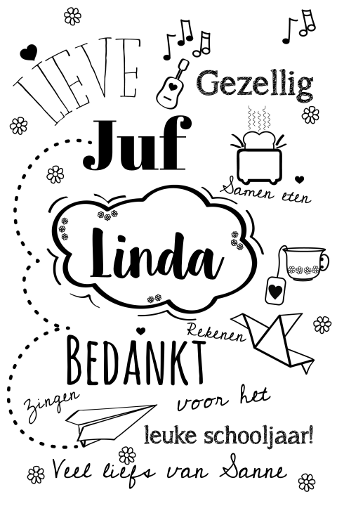 Bedankt Juf handlettering zwart-wit met naam