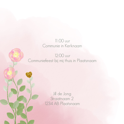 Communie uitnodiging meisje roze waterverf en bloemen