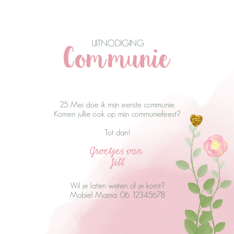 Communie uitnodiging meisje roze waterverf en bloemen