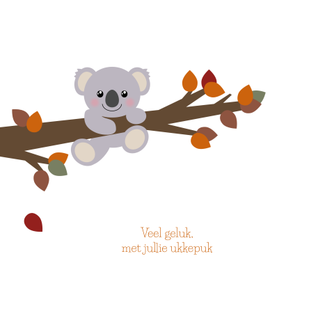 Felicitatie geboorte herfst Koala aan een tak