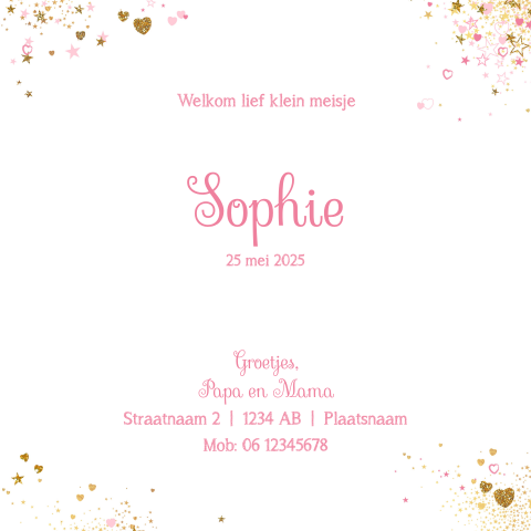 Geboortekaart foto in een hart van hartjes en sterren Sophie