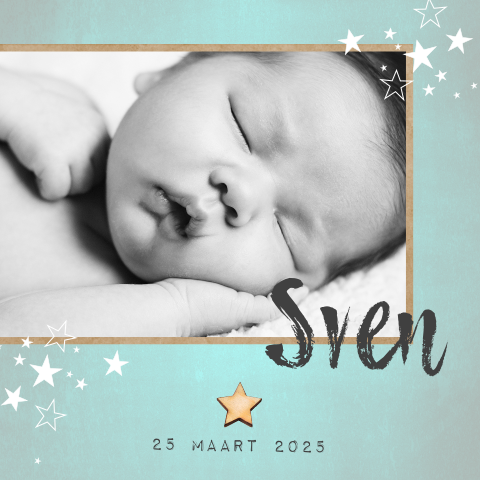 Stoere jongens geboortekaart met foto en houten ster Sven