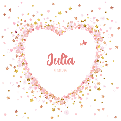 Geboortekaart hart van roze bloemen hartjes en sterren Julia