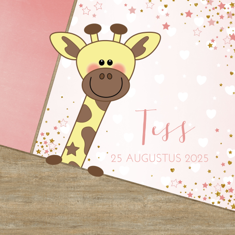Geboortekaart meisje met een giraffe sterren en hartjes Tess