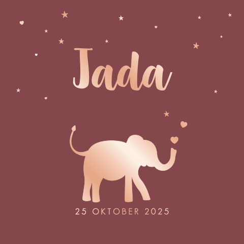 Geboortekaart meisje silhouet olifant rosegoud folie Jada