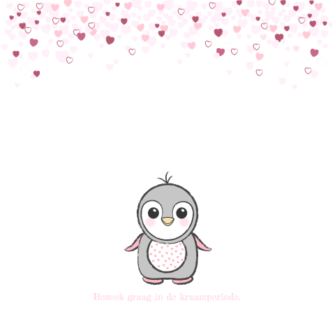 Geboortekaart roze met vele hartjes en een pinguïn Laura