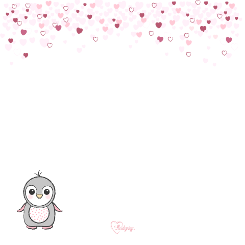 Geboortekaart roze met vele hartjes en een pinguïn Laura