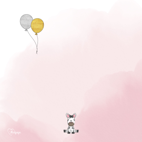 Geboortekaart roze waterverf zebra in luchtballon Skylynn