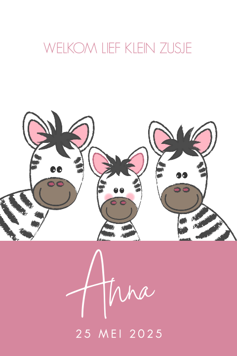 Geboortekaart zusje schattige zebra Anna