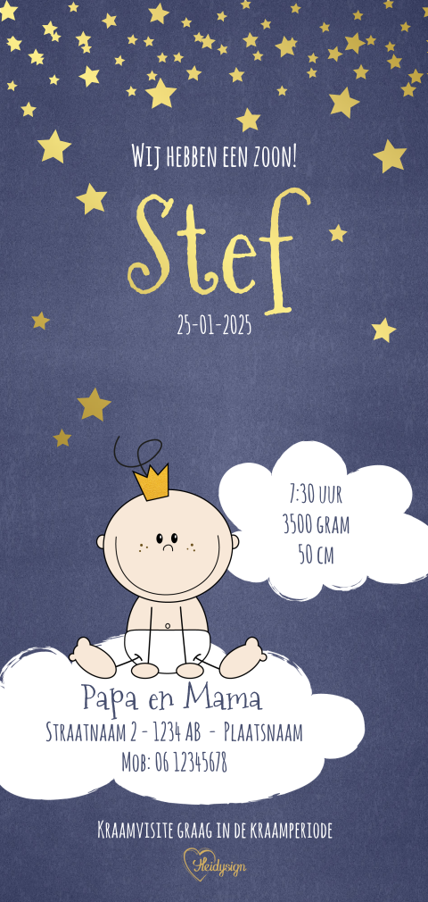 Geboortekaart met goudfolie baby prinsje op een wolk met sterren Stef