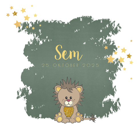 Hip groen geboortekaartje met een schattige leeuw en sterren Sem