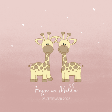 Geboortekaartje tweeling meisje met lieve girafjes en hartjes
