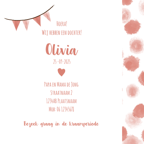 Hip Geboortekaartje zalm roze stippen en hartje Olivia