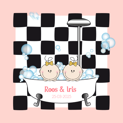 Grappig geboortekaartje tweeling in een badje Roos Iris