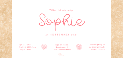Hippe geboortekaart meisje kraft-look bloemenprint Sophie