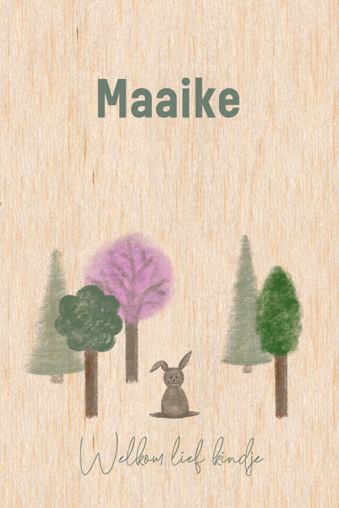HOUT Geboortekaartje bomen en konijntje Maaike