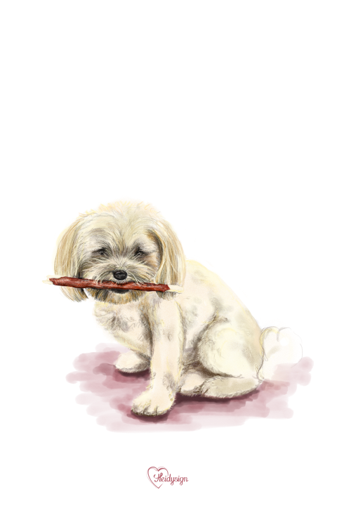 Kaart tekening schattig hondje met een stokje in zijn bek Pepper