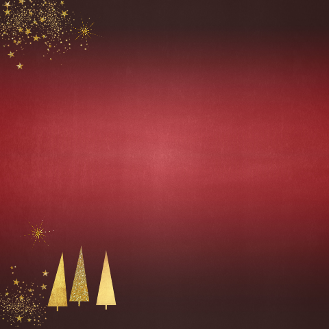 Stijlvolle rode kerstkaart met goudkleurige kerstbomen en sterren