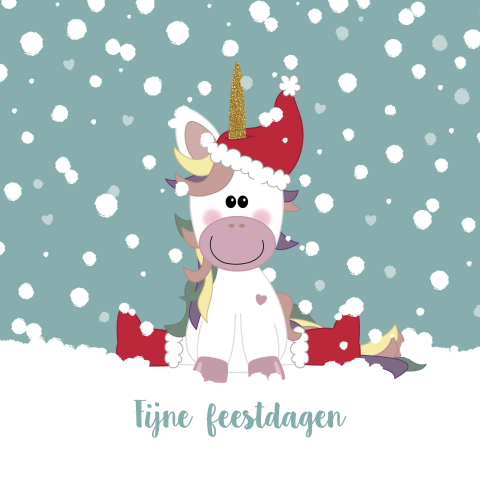 Kerst wenskaart met unicorn in de sneeuw