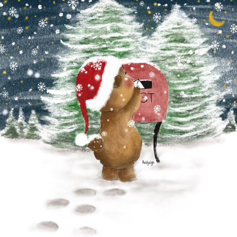 Kerst wenskaart tekening lief beertje in de sneeuw met kerstpost