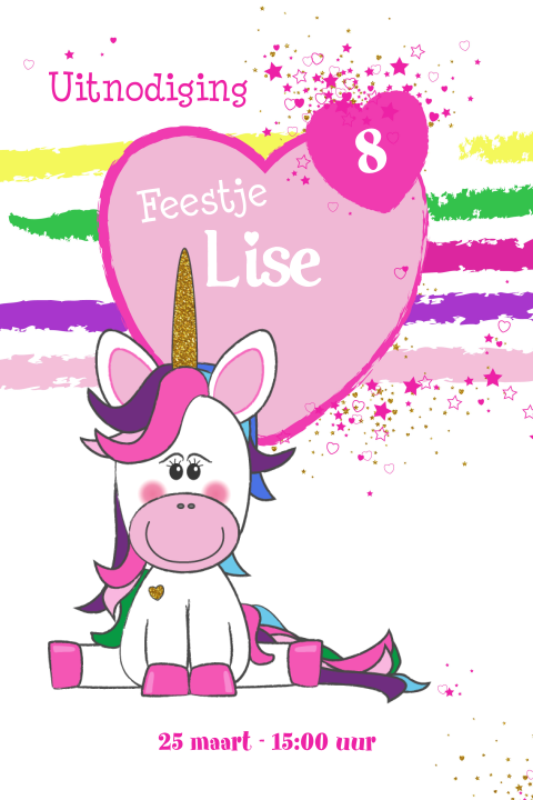 Kinderfeest uitnodiging met een schattige unicorn en hartjes