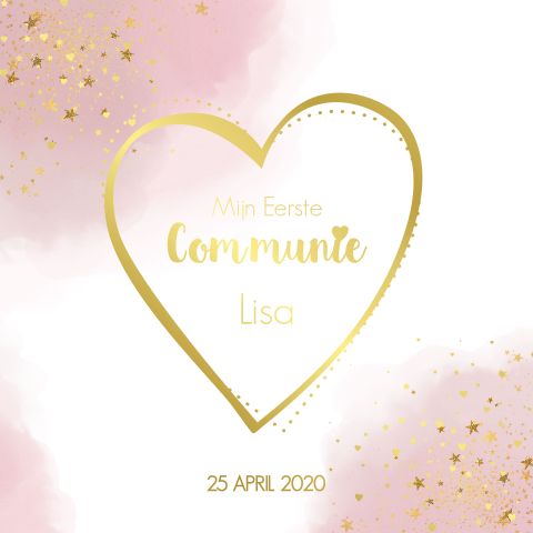 Luxe communie uitnodiging roze waterverf en goudfolie hartjes