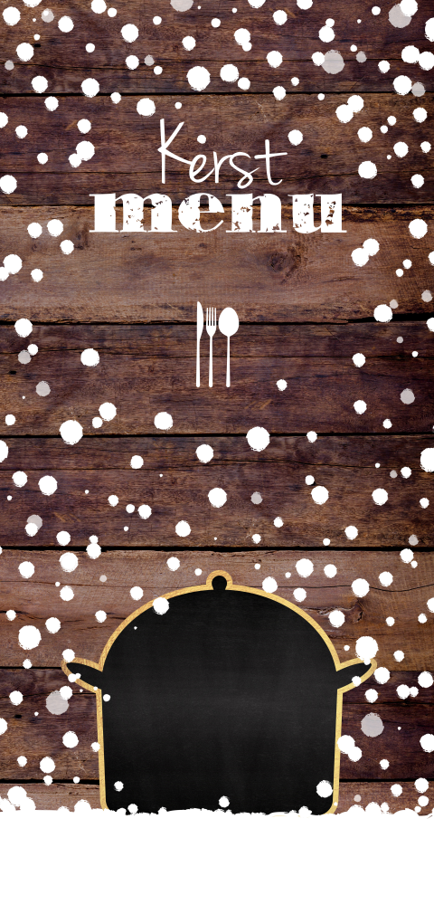Sfeervolle winterse kerst menukaart hout pan en sneeuw