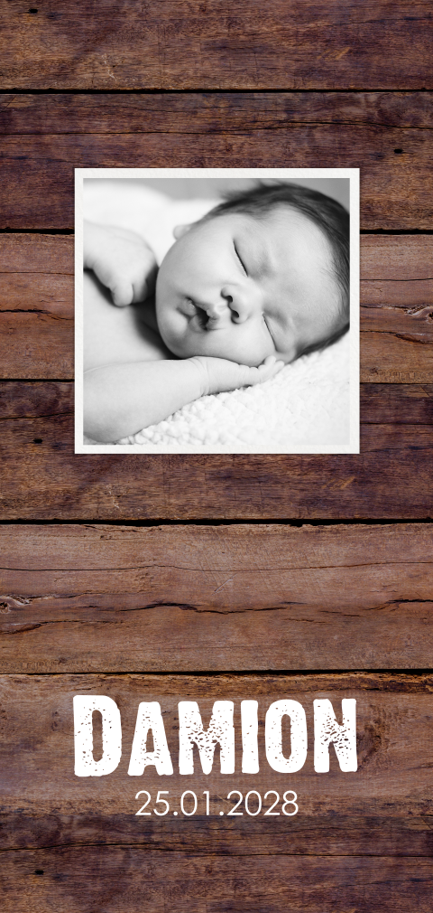 Stoere geboortekaart met hout-print en foto Damion