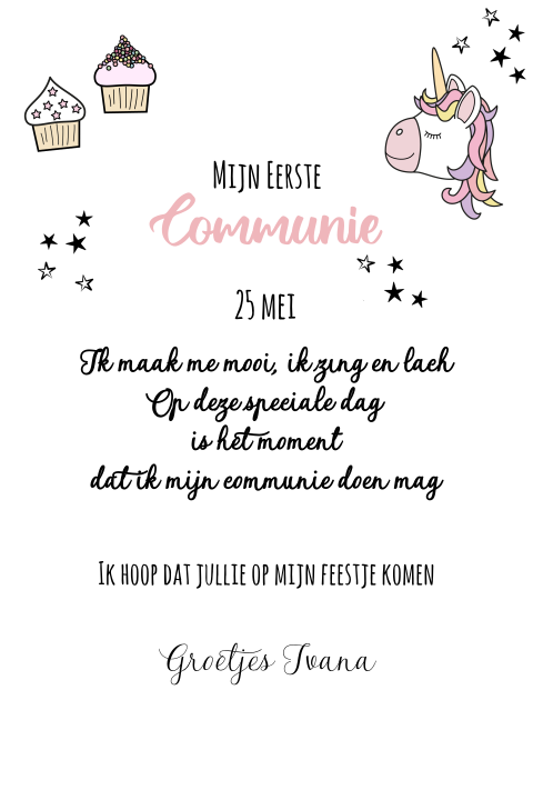 Uitnodiging Communie met foto cupcakes en unicorn doodles