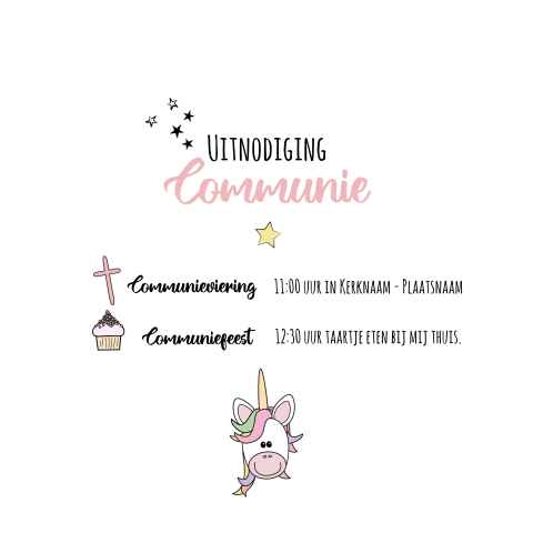 Uitnodiging communie unicorn cupcakes sterren en hartjes