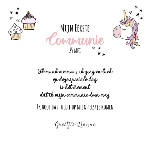 Uitnodiging communie unicorn cupcakes sterren en hartjes