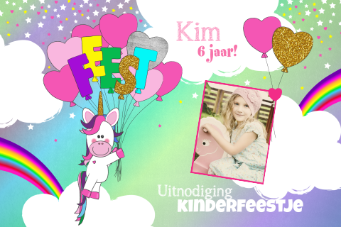 Uitnodiging kinderfeest foto meisje unicorn met balonnen Kim