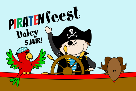 Uitnodiging kinderfeest piraat in boot met papegaai en hond