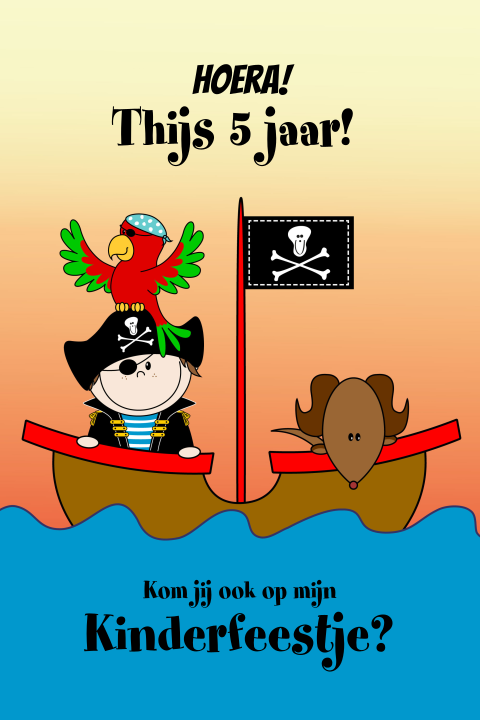 Uitnodiging kinderfeestje Piraat in boot met hond en papegaai