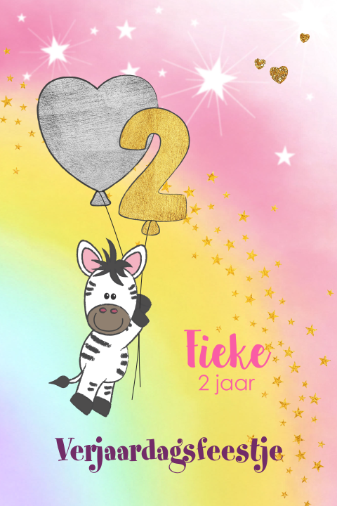 Uitnodiging kinderfeestje regenboog en zebra met een ballon 2