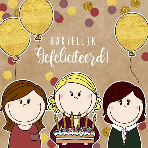 Verjaardagskaart Party Girls taart ballonnen en confetti