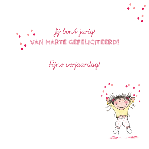 Verjaardagskaart vrolijke tekening meisje met roze confetti
