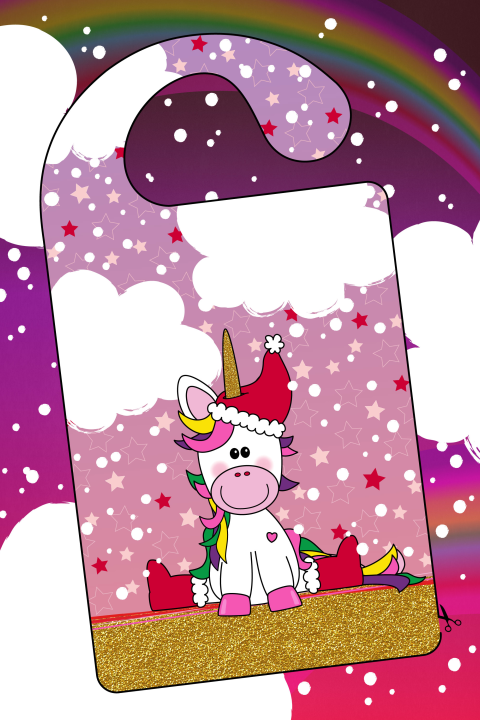 Vrolijke kerstkaart DIY deurhanger met een unicorn