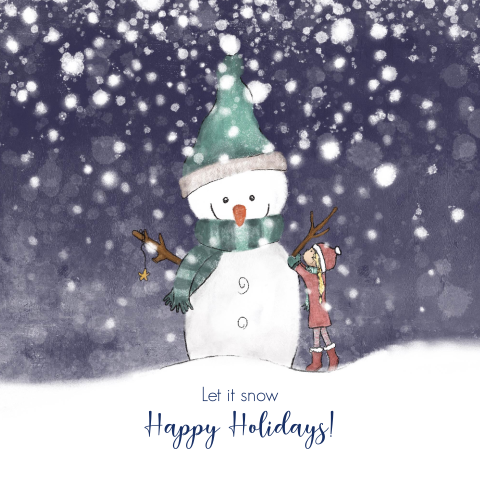 Winterse kerst wenskaart tekening meisje met sneeuwpop