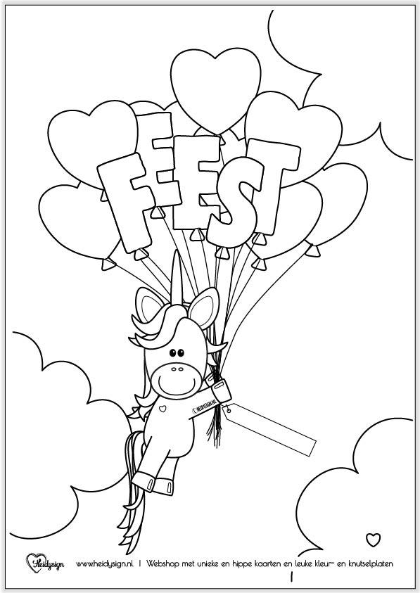 Gratis te downloaden kleurplaat met een vrolijke unicorn en ballonnen, feest.