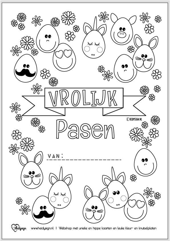 Vrolijke kleurplaat Pasen met grappige paasei emojis en bloemen en de tekst Vrolijk Pasen.