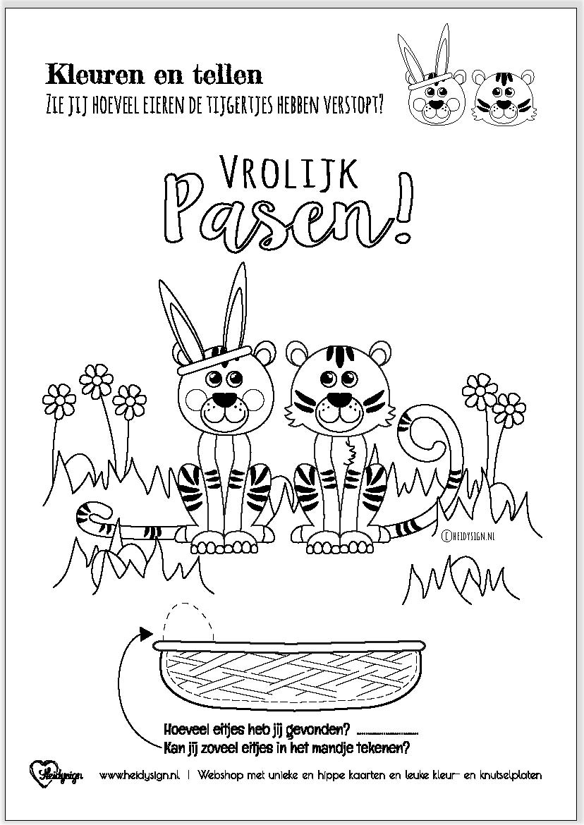 Kleurplaat voor de Pasen met twee vrolijke tijgertjes die paaseitjes zoeken. Leuk werkblad voor kleuters.