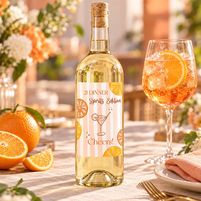 Fles met een persoonlijk 21-diner etiket in oranje Aperol Spritz stijl
