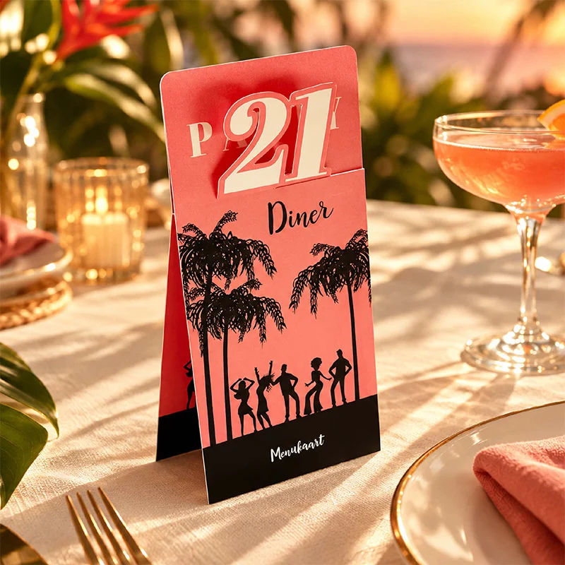 Zalmroze 21-diner menukaart met palmbomen op een feestelijk gedekte tafel