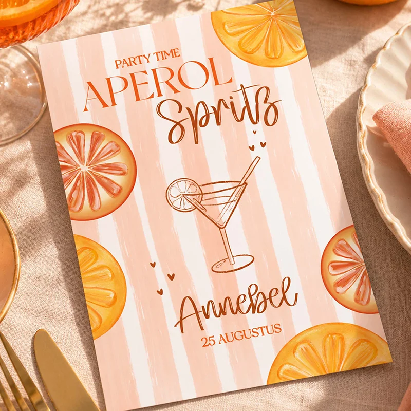 Oranje 21-diner uitnodiging met Aperol Spritz illustraties en citrusvruchten