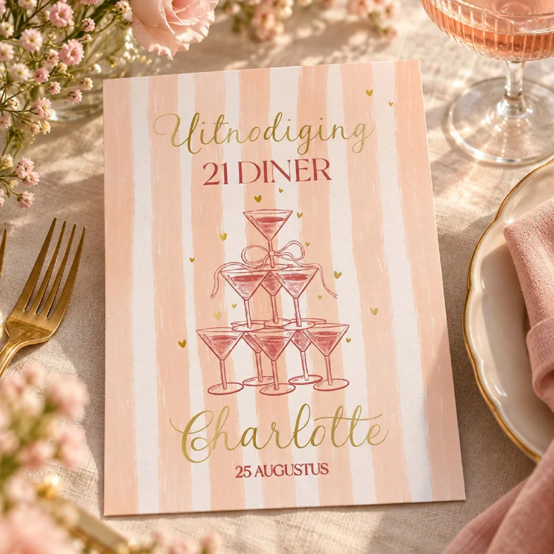 21-diner uitnodiging met roze strepen, champagneglazen en gouden details