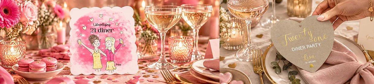 21 diner uitnodigingen in roze en kraft met goud op feestelijk gedekte tafel