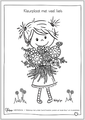 Schattige kleurplaat met een lief meisje met een grote bos bloemen in haar handen.