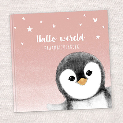 Luxe kraambezoek invulboek meisje met een roze kaft met een pinguïn en sterretjes.