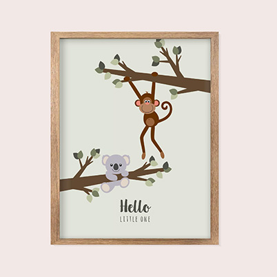 Babykamer poster met een lief aapje en koalabeertje.